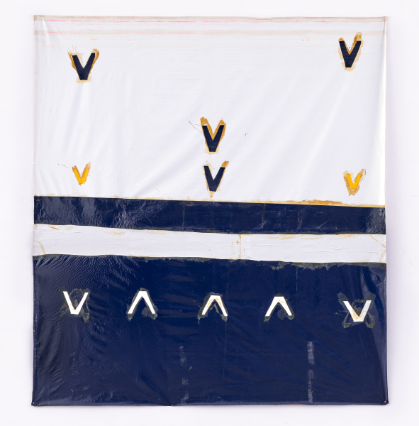 Vinyl bleu et blanc à signes jaune