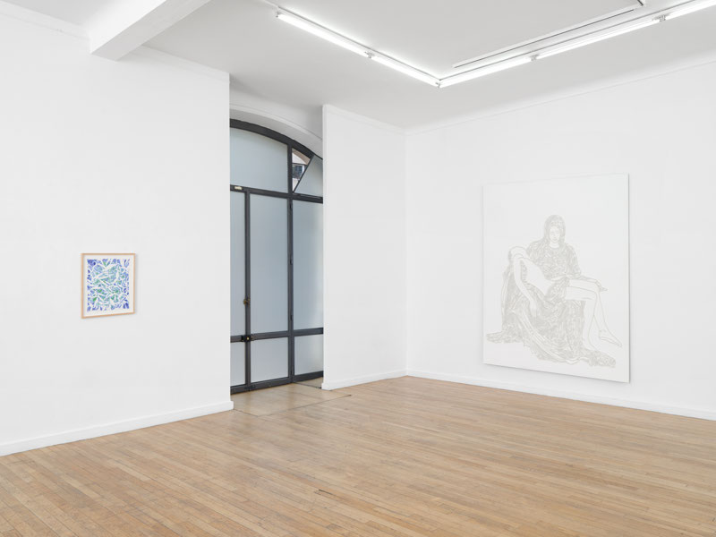 To the left, Simon Hantaï, Sans titre, (1971). To the right, mounir fatmi, La Pieta 1/5, (2007)