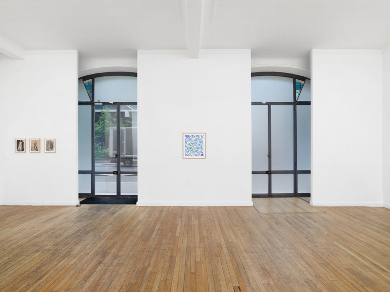 To the left, Jean Luc Verna, Avant que B. ne devienne Z. III; Avant que B. ne devienne Z. II; Avant que B. ne devienne Z., (2023). To the right, Simon Hantaï, Sans titre, (1971)