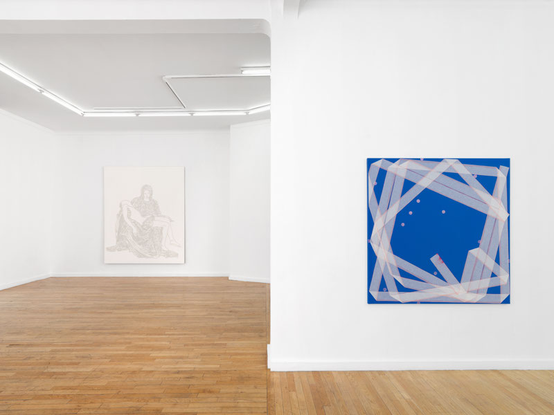 To the left, mounir fatmi, La Pieta 1/5, (2007). To the right, Noël Dolla, Plis & Replis (Suite Bleue) Entre Orion et Alpha du Centaure 14/3/2018, (2018)